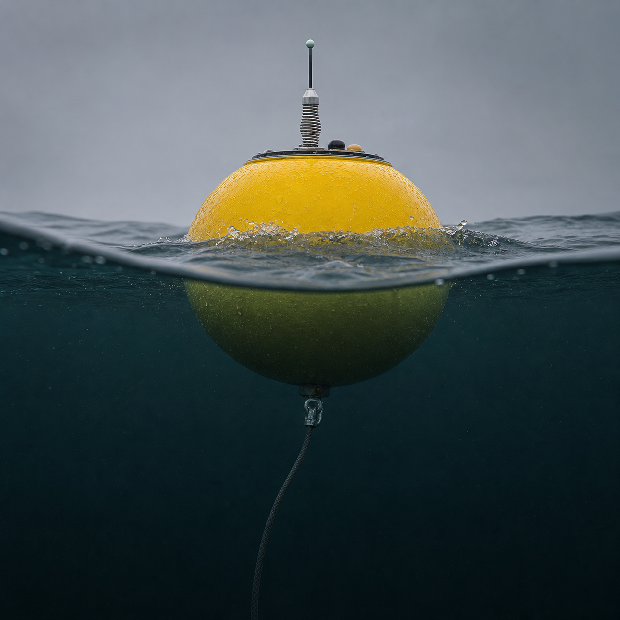 A yellow wave buoy at the surface, its mooring tether running down into dark water